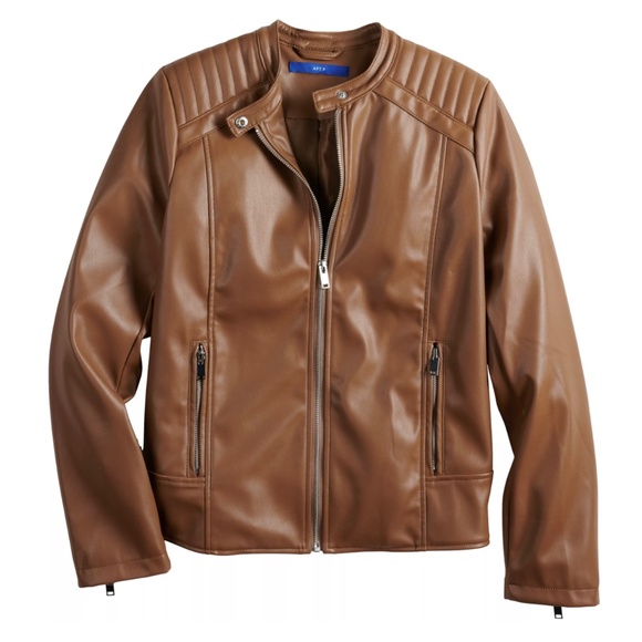 Apt. 9 Faux Leather Moto Motorcycle Jacket Coat Chestnut Brown Womens Size M - Picture 2 of 6